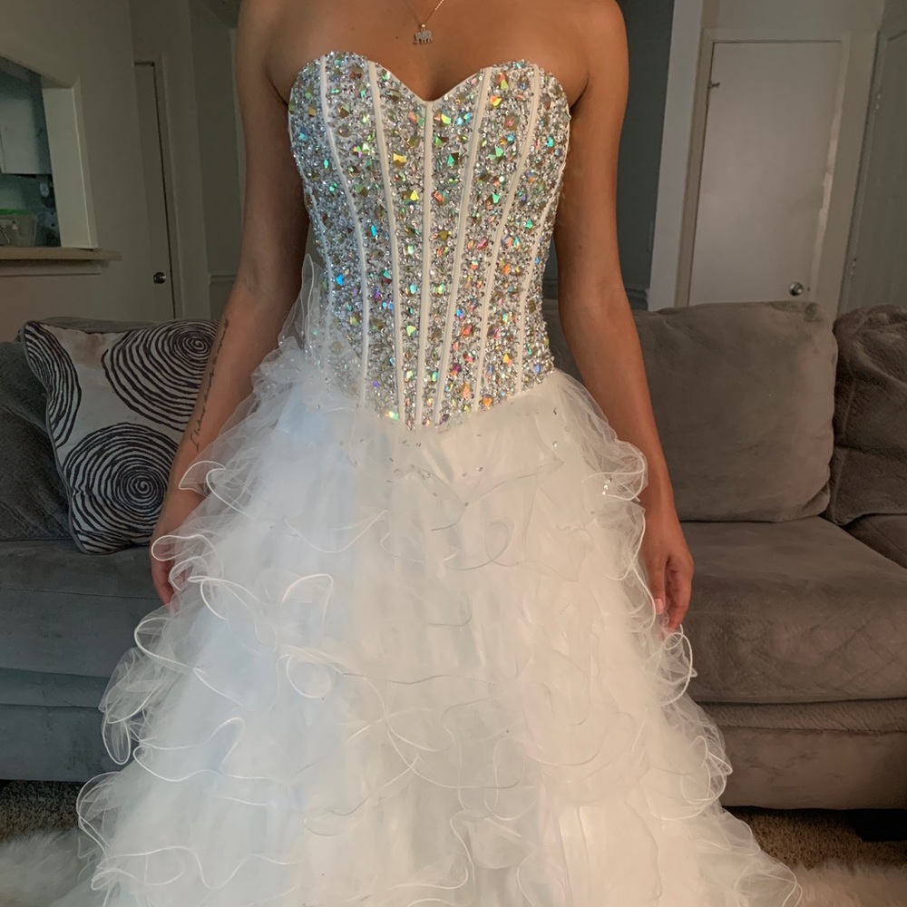 White Rhinestone Strapless Prom Wedding Dress SZ 4